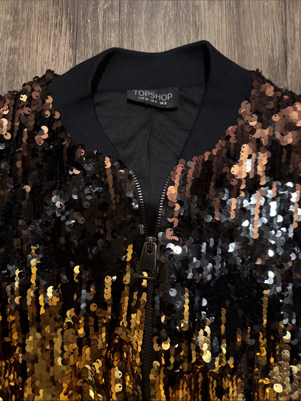 TOPSHOP Black and Gold Sequin Bomber Jacket EUR 36 US 4 UK 8